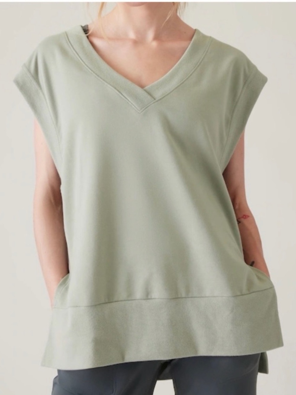 Athleta Sage Green Retroterry V-Neck Sleeveless Sweatshirt Tee